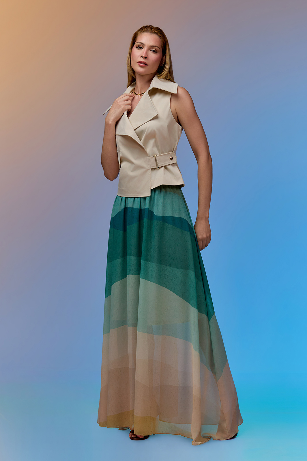 Saia Longa Elástico Cós Chiffon