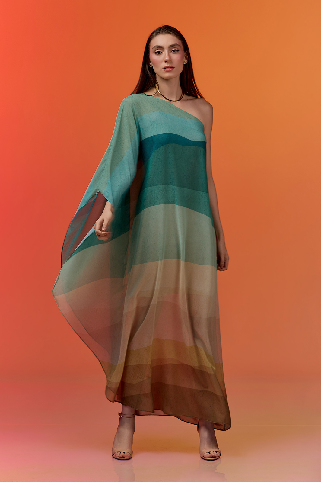 Vestido Longo Kaftan Ombro Único Chiffon