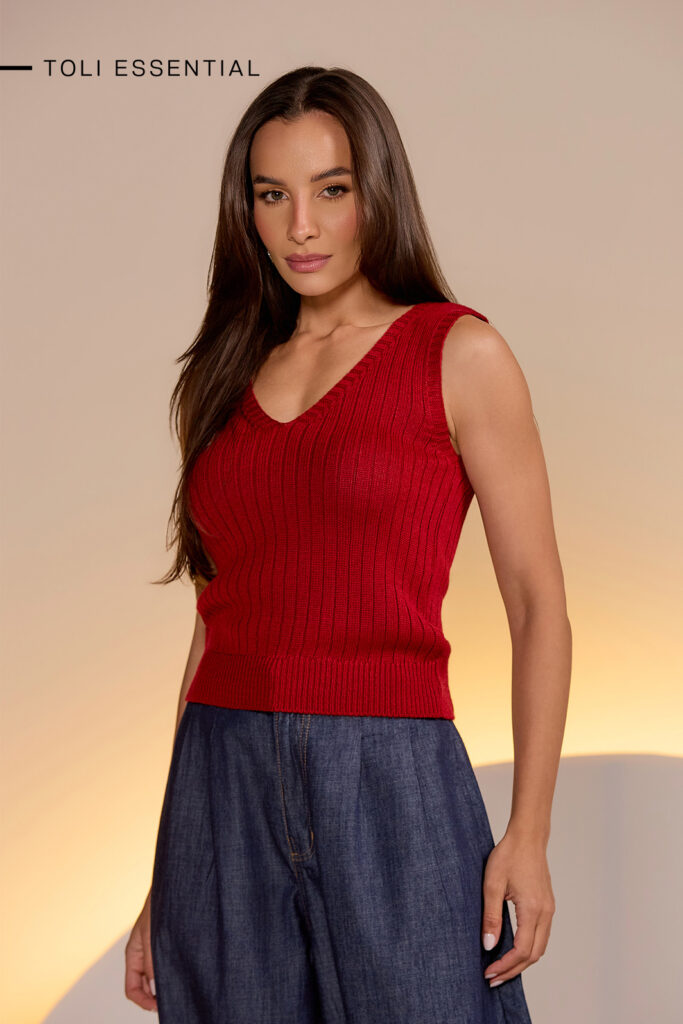 Blusa Decote V Sem Manga Barra Punho Tricot