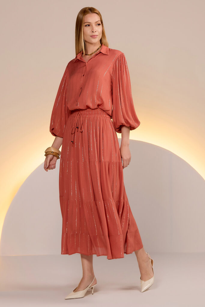 Saia Midi Com Recortes 3 Marias Viscose Com Lurex